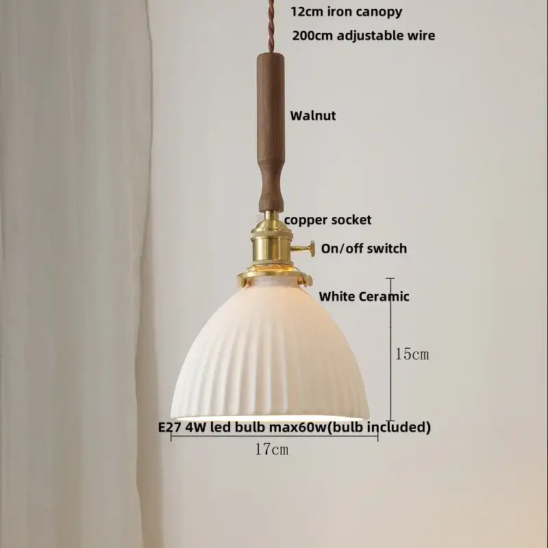 Vintage brass and ceramic walnut wood pendant light study aisle