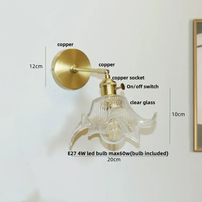 Vintage brass and clear glass wall lamp with pull chain switch bedroom