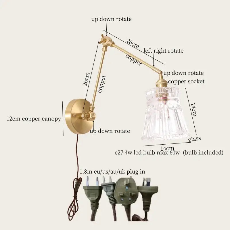 Vintage brass and green glass led wall lamps bedroom pull chain sconce
