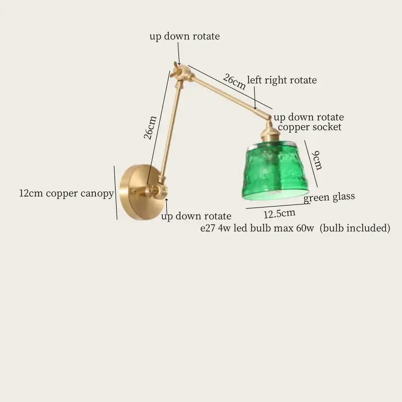 Vintage brass and green glass led wall lamps bedroom pull chain sconce