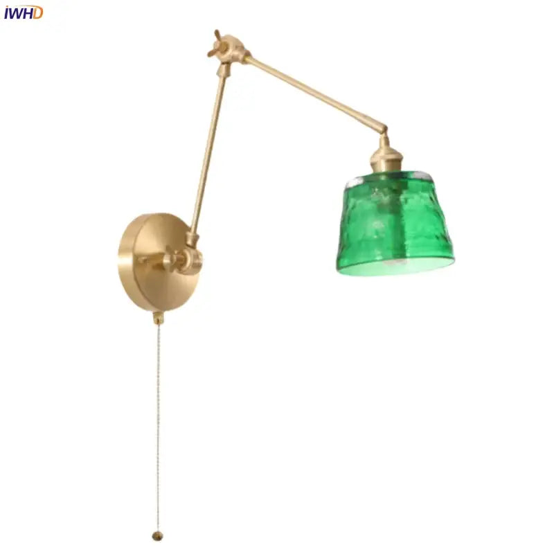 Vintage brass and green glass led wall lamps bedroom pull chain sconce