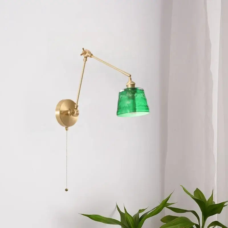 Vintage brass and green glass led wall lamps bedroom pull chain sconce