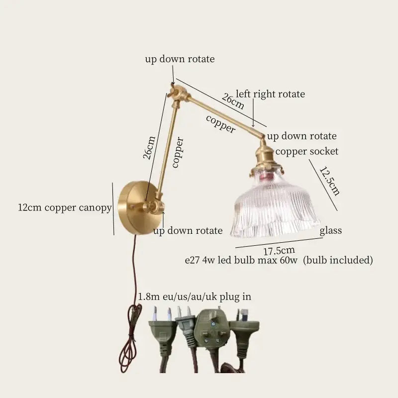 Vintage brass and green glass led wall lamps bedroom pull chain sconce