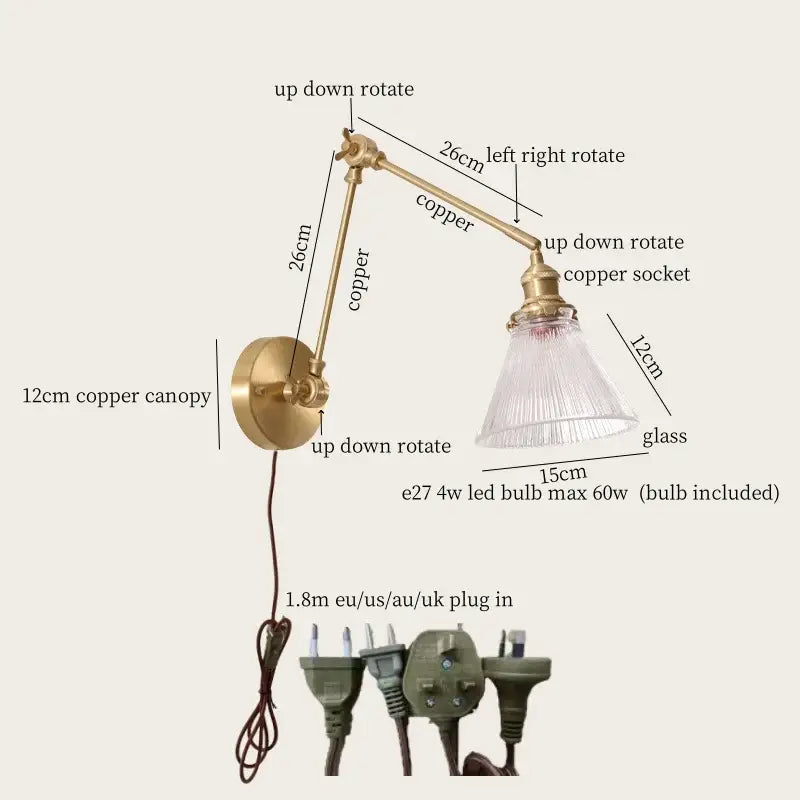 Vintage brass and green glass led wall lamps bedroom pull chain sconce