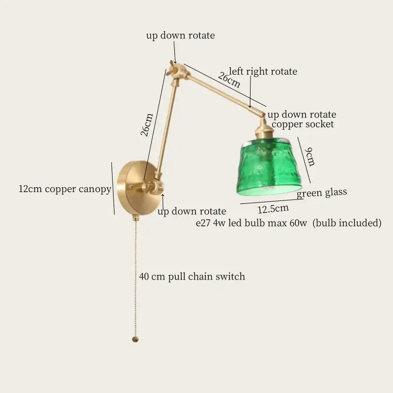 Vintage brass and green glass led wall lamps bedroom pull chain sconce