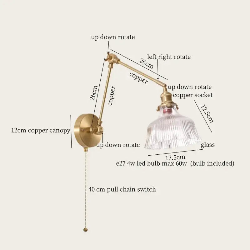 Vintage brass and green glass led wall lamps bedroom pull chain sconce