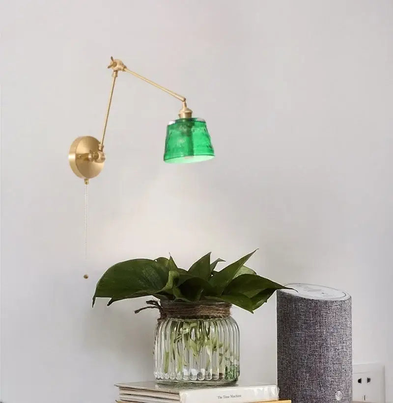 Vintage brass and green glass led wall lamps bedroom pull chain sconce