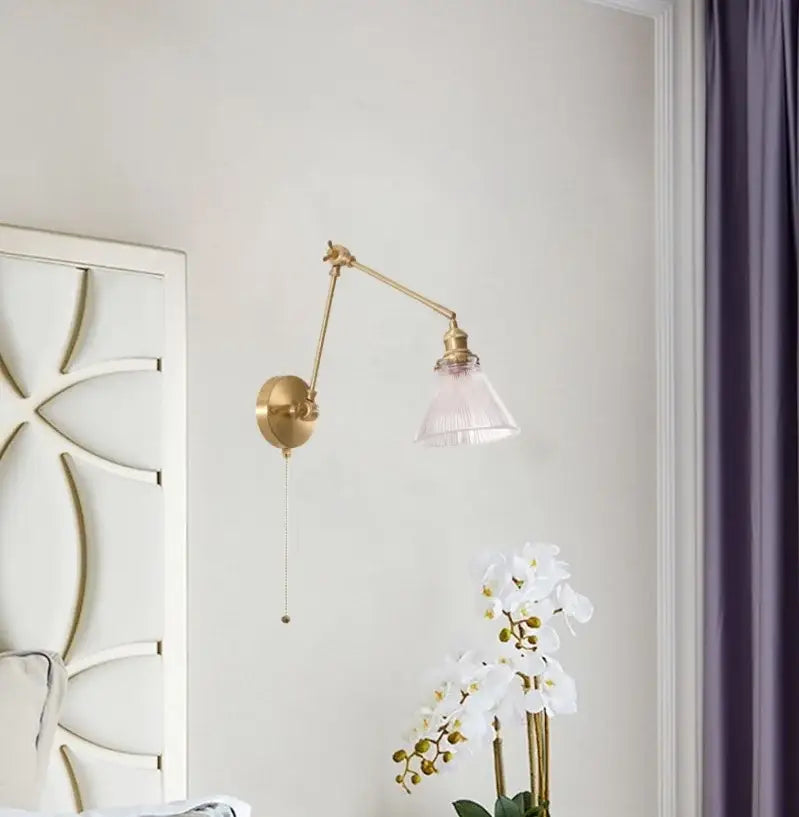 Vintage brass and green glass led wall lamps bedroom pull chain sconce