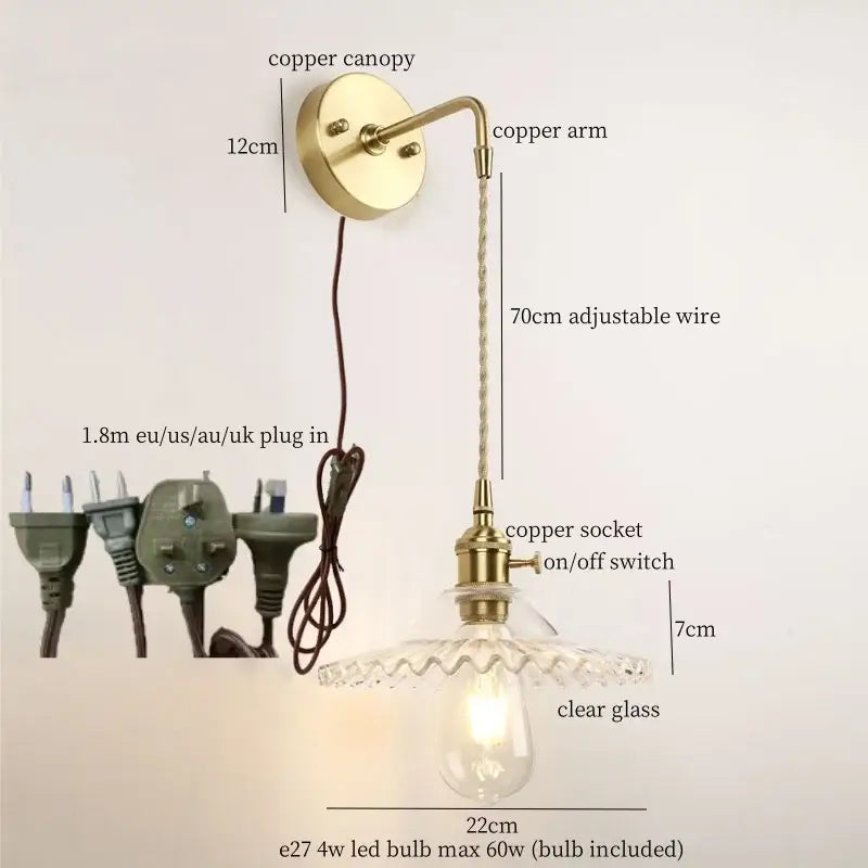 Vintage brass and green glass led wall light bedroom sconce