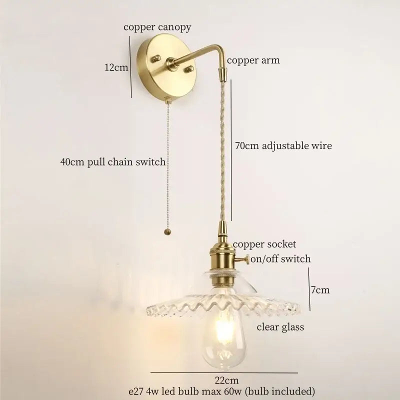 Vintage brass and green glass led wall light bedroom sconce