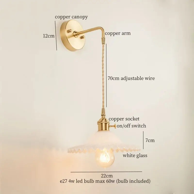 Vintage brass and green glass led wall light bedroom sconce