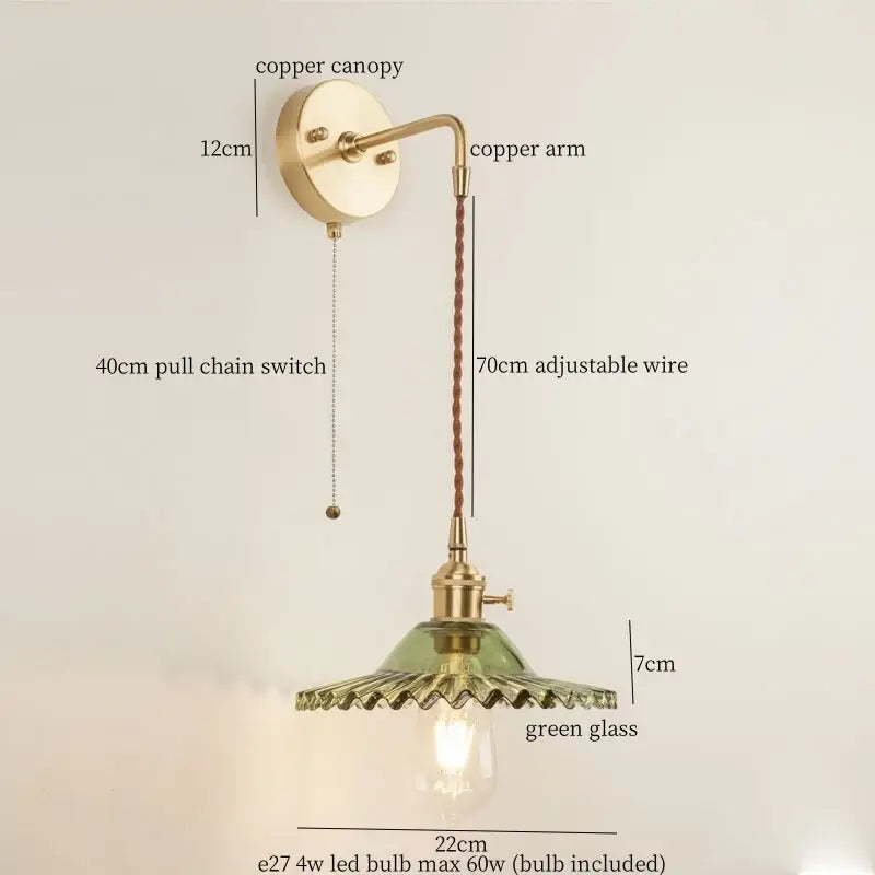 Vintage brass and green glass led wall light bedroom sconce