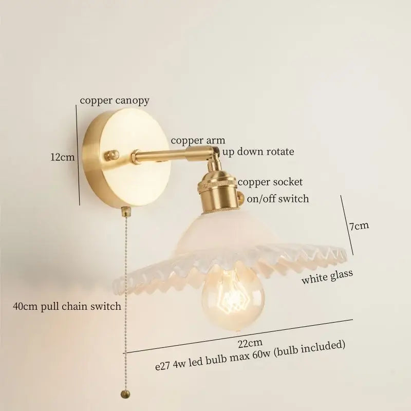 Vintage brass and green glass led wall light bedroom sconce