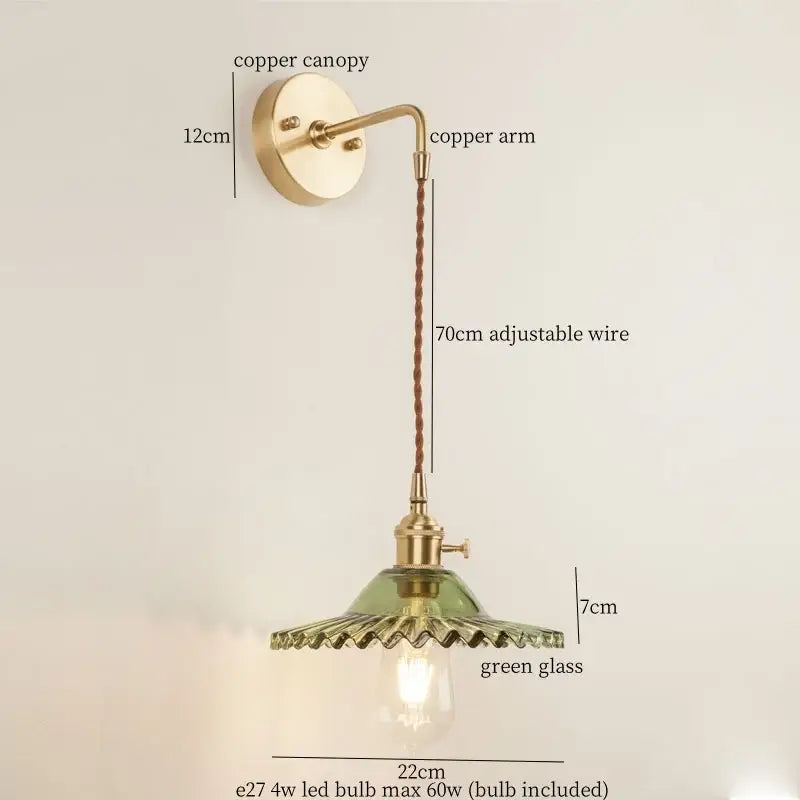 Vintage brass and green glass led wall light bedroom sconce