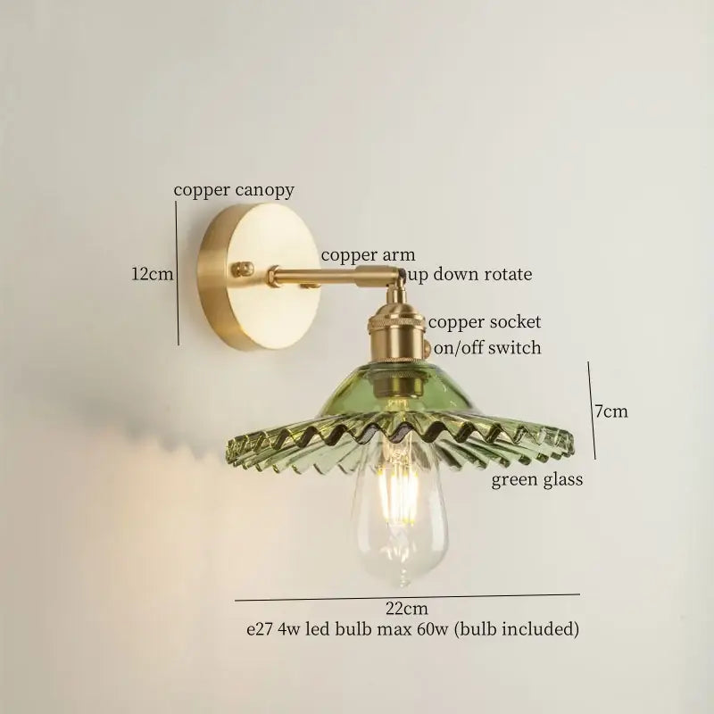 Vintage brass and green glass led wall light bedroom sconce