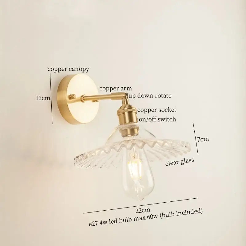 Vintage brass and green glass led wall light bedroom sconce