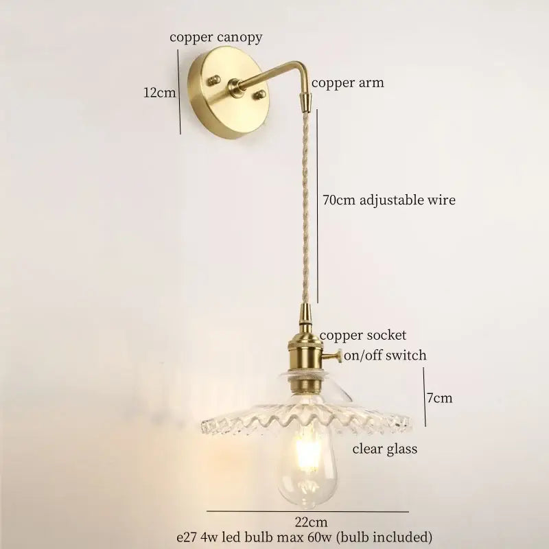 Vintage brass and green glass led wall light bedroom sconce