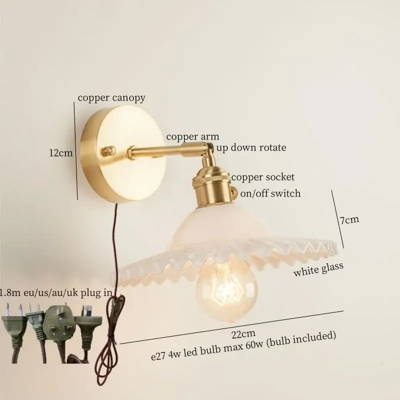 Vintage brass and green glass led wall light bedroom sconce
