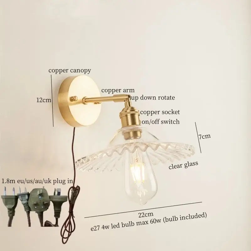 Vintage brass and green glass led wall light bedroom sconce