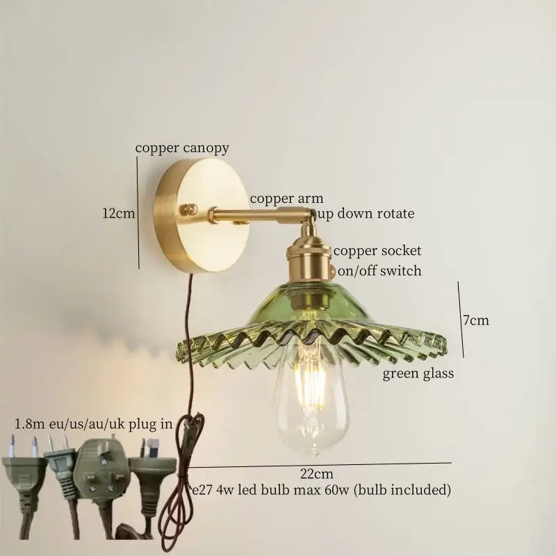 Vintage brass and green glass led wall light bedroom sconce