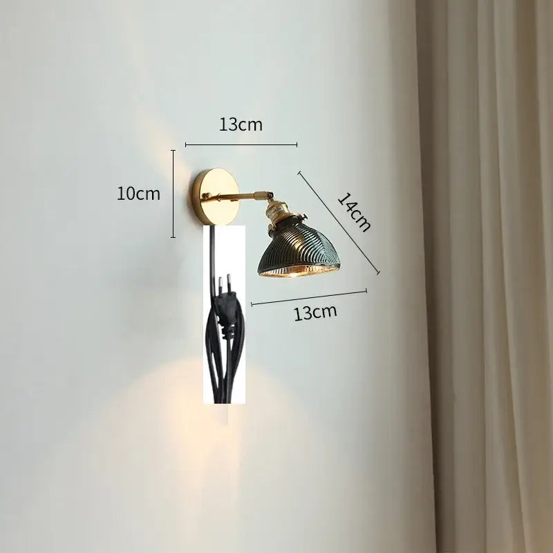 Vintage brass and green glass led wall lights bedroom sconce