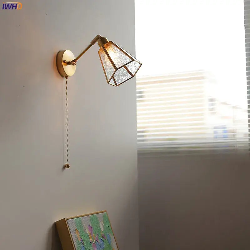 Vintage brass and green glass led wall lights bedroom sconce