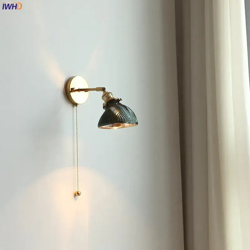 Vintage brass and green glass led wall lights bedroom sconce