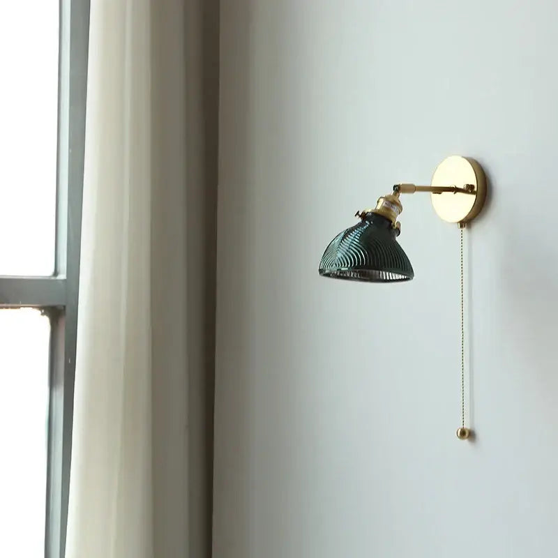Vintage brass and green glass led wall lights bedroom sconce