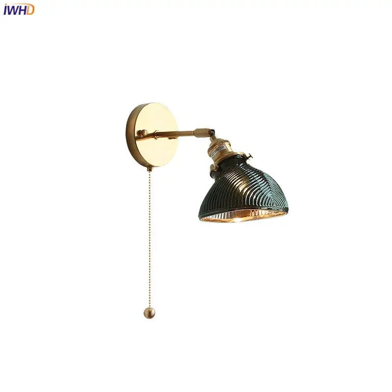Vintage brass and green glass led wall lights bedroom sconce