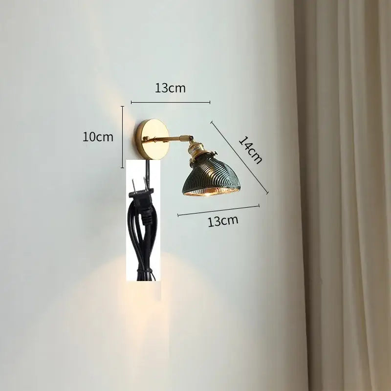 Vintage brass and green glass led wall lights bedroom sconce