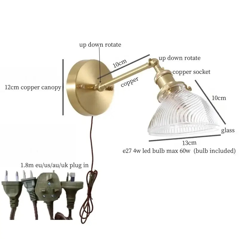 Vintage brass and green glass led wall sconce for bedroom