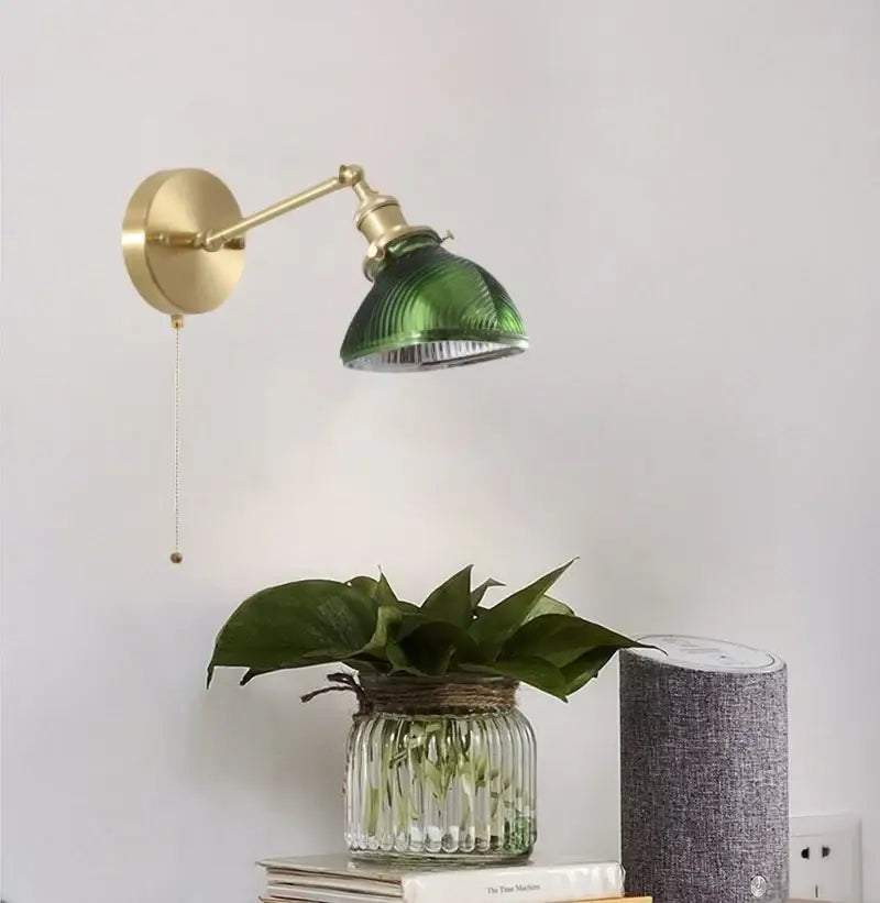 Vintage brass and green glass led wall sconce for bedroom
