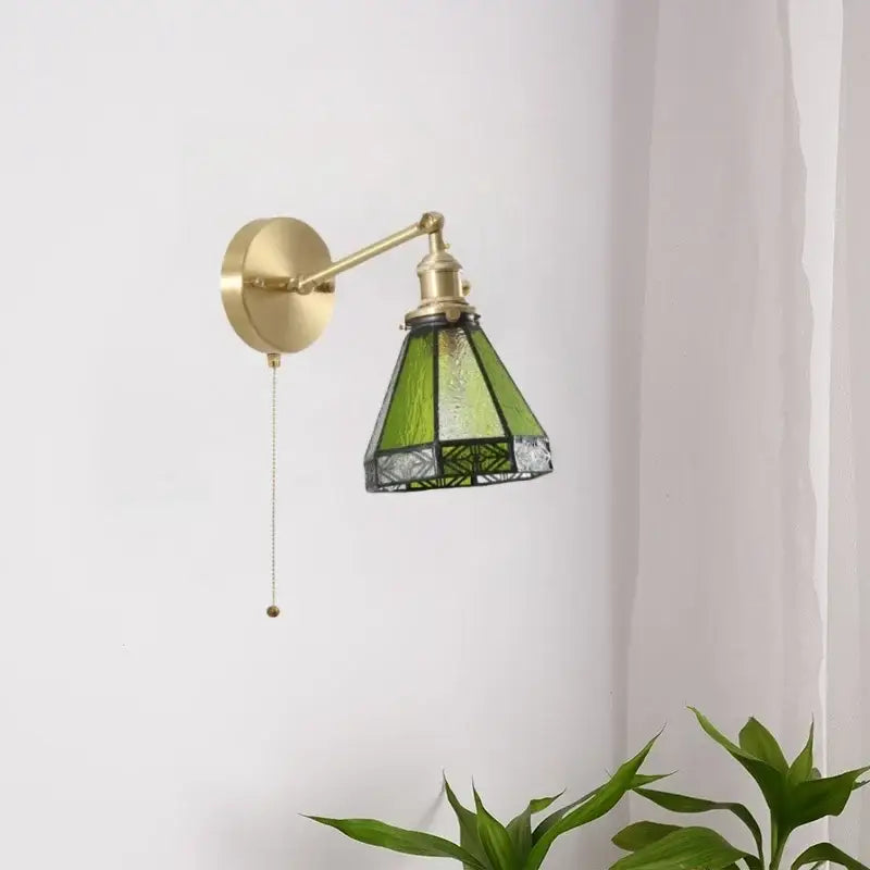 Vintage brass and green glass led wall sconce for bedroom