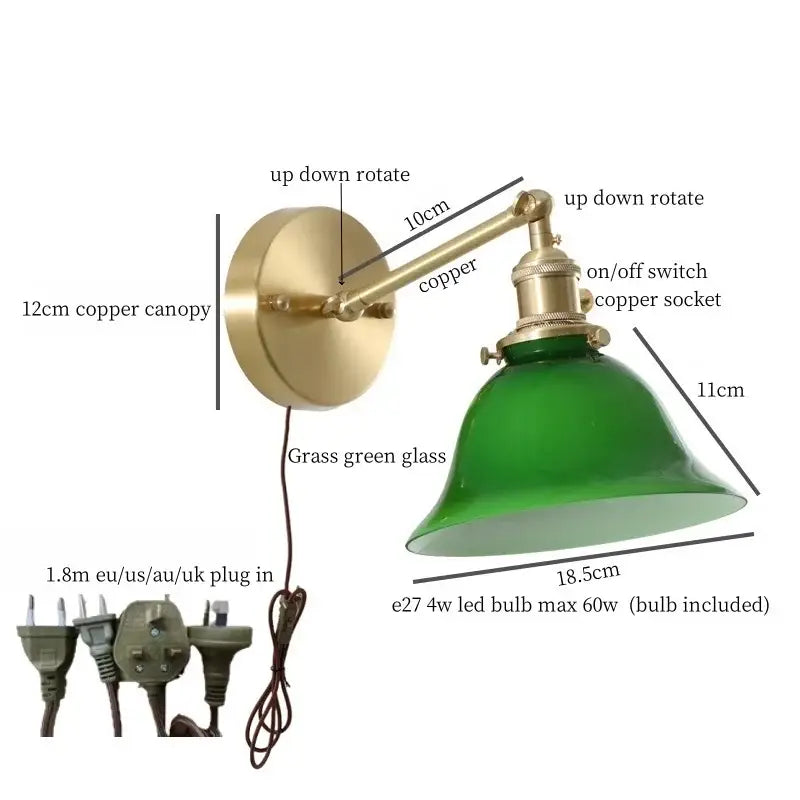 Vintage brass and green glass led wall sconce for bedroom