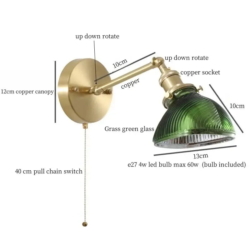 Vintage brass and green glass led wall sconce for bedroom