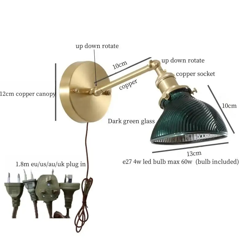Vintage brass and green glass led wall sconce for bedroom