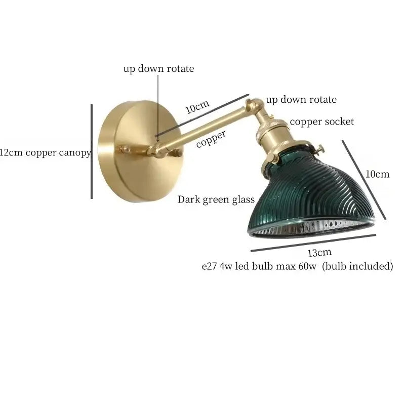 Vintage brass and green glass led wall sconce for bedroom