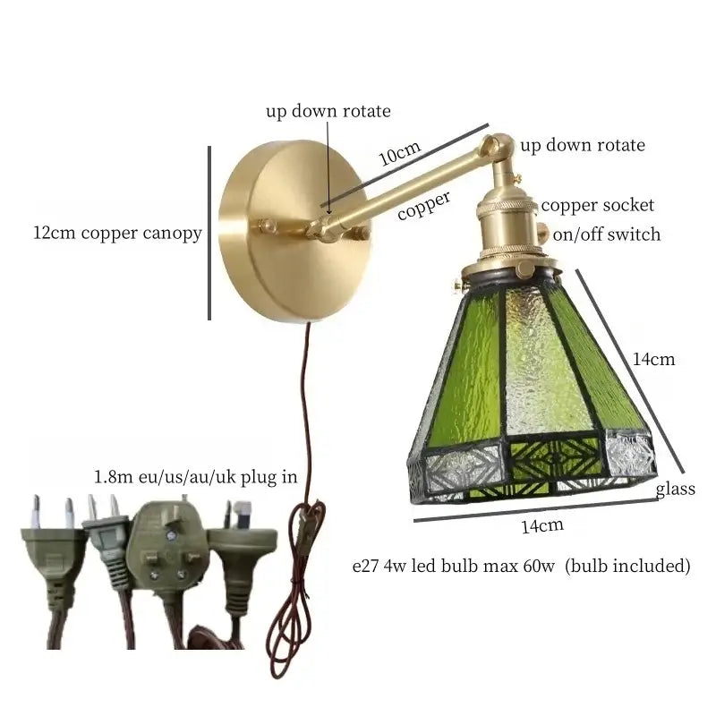 Vintage brass and green glass led wall sconce for bedroom