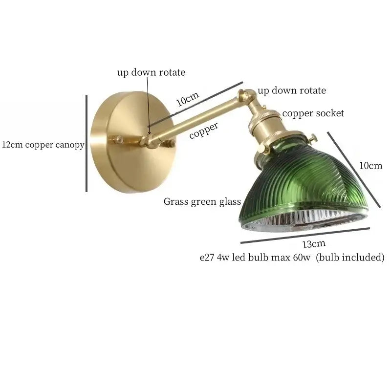 Vintage brass and green glass led wall sconce for bedroom