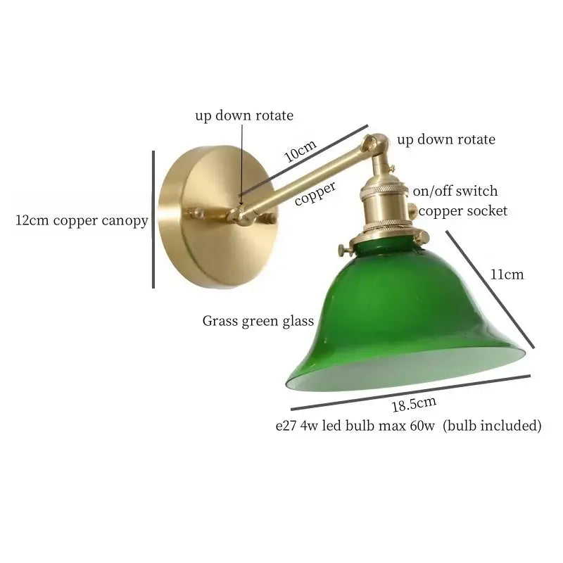 Vintage brass and green glass led wall sconce for bedroom