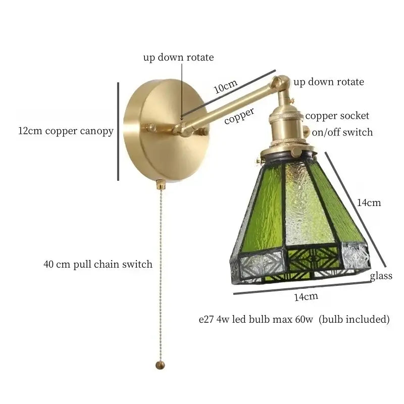 Vintage brass and green glass led wall sconce for bedroom