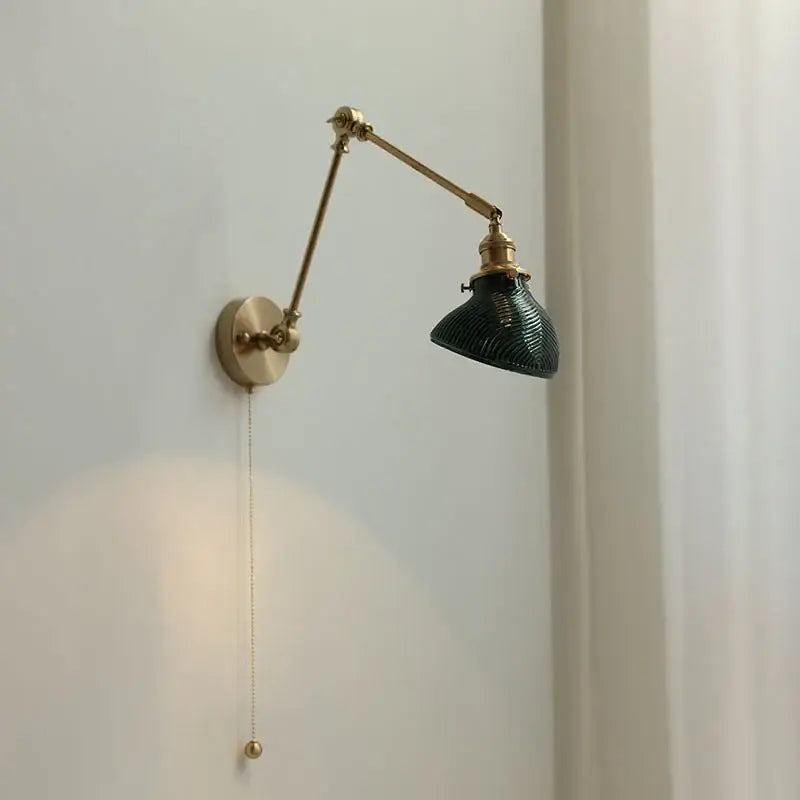Vintage brass and green glass wall light fixture bedroom sconce