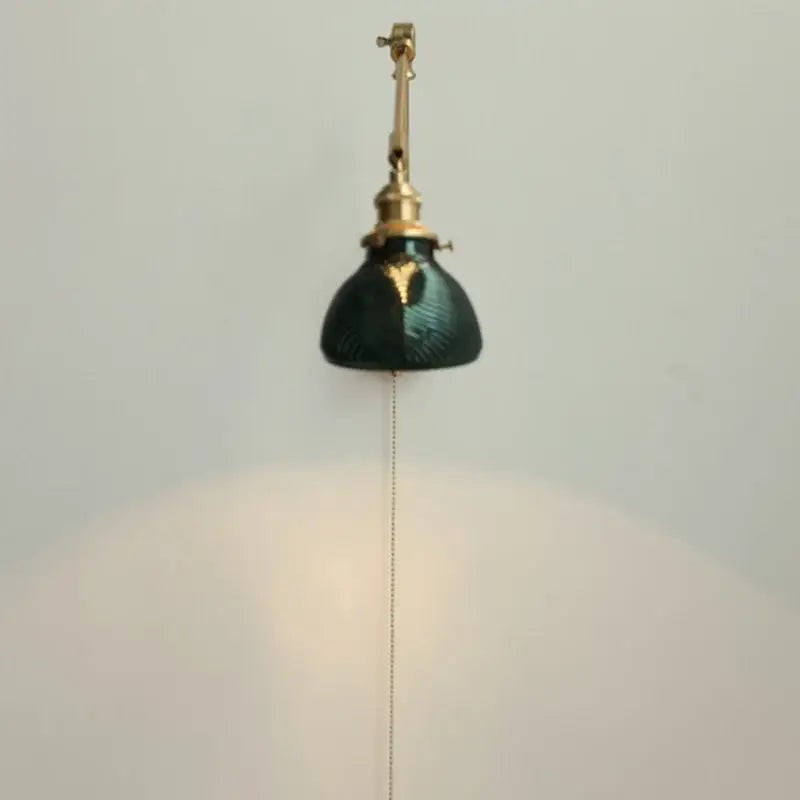 Vintage brass and green glass wall light fixture bedroom sconce