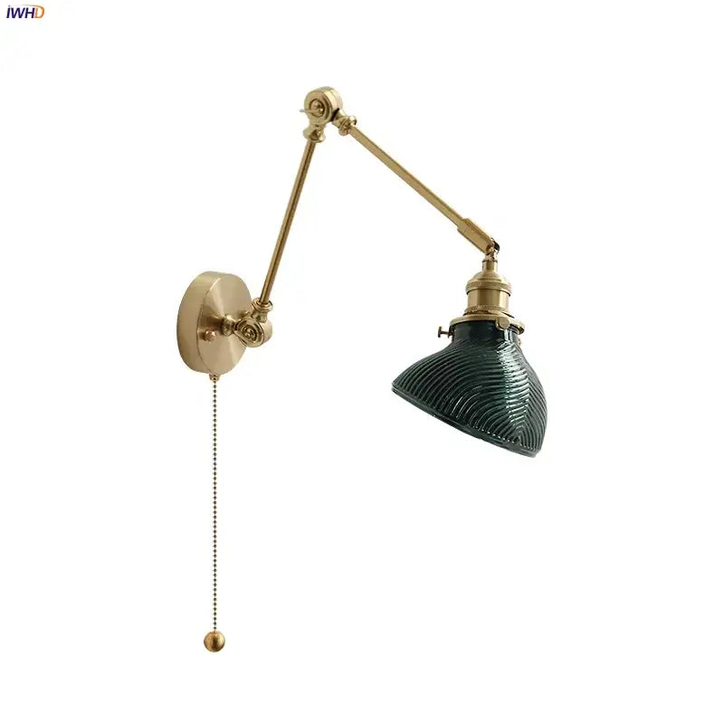 Vintage brass and green glass wall light fixture bedroom sconce