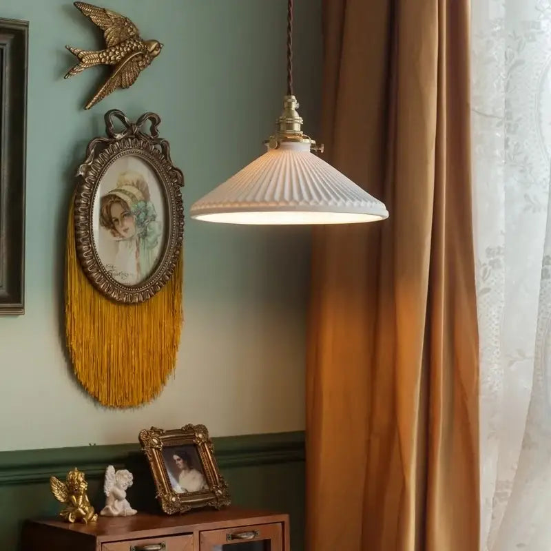 Vintage brass and off-white ceramic led pendant light for dining room