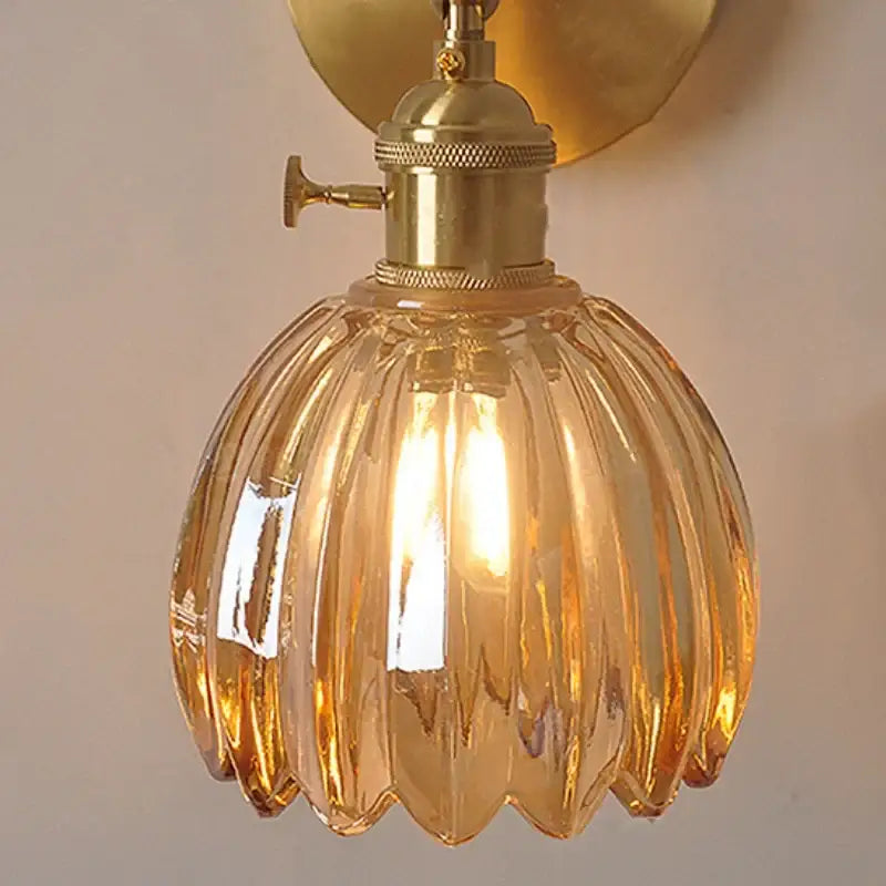Vintage brass and ribbed amber glass wall light bedroom pull chain