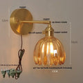 Vintage brass and ribbed amber glass wall light bedroom pull chain