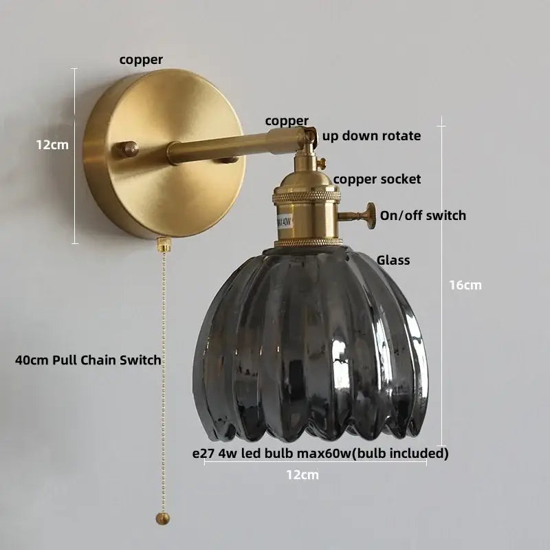 Vintage brass and ribbed amber glass wall light bedroom pull chain