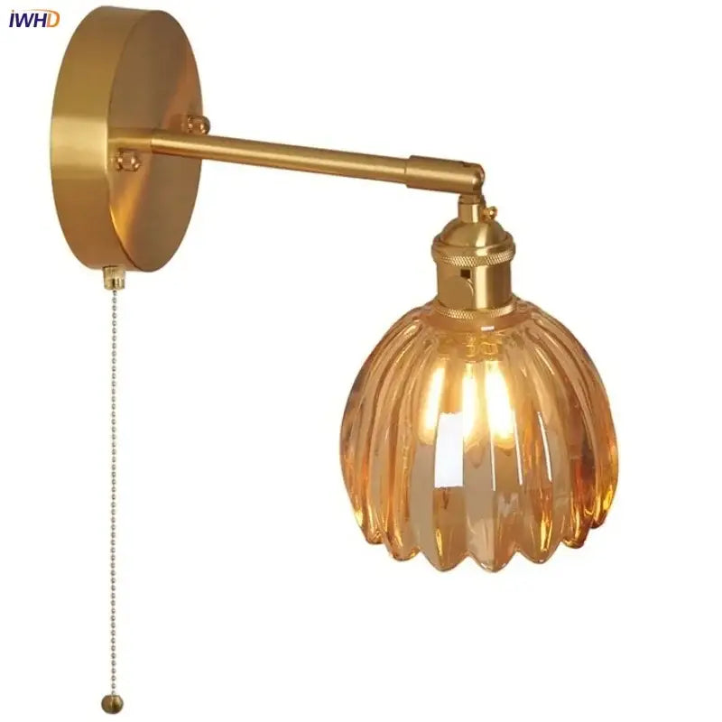 Vintage brass and ribbed amber glass wall light bedroom pull chain