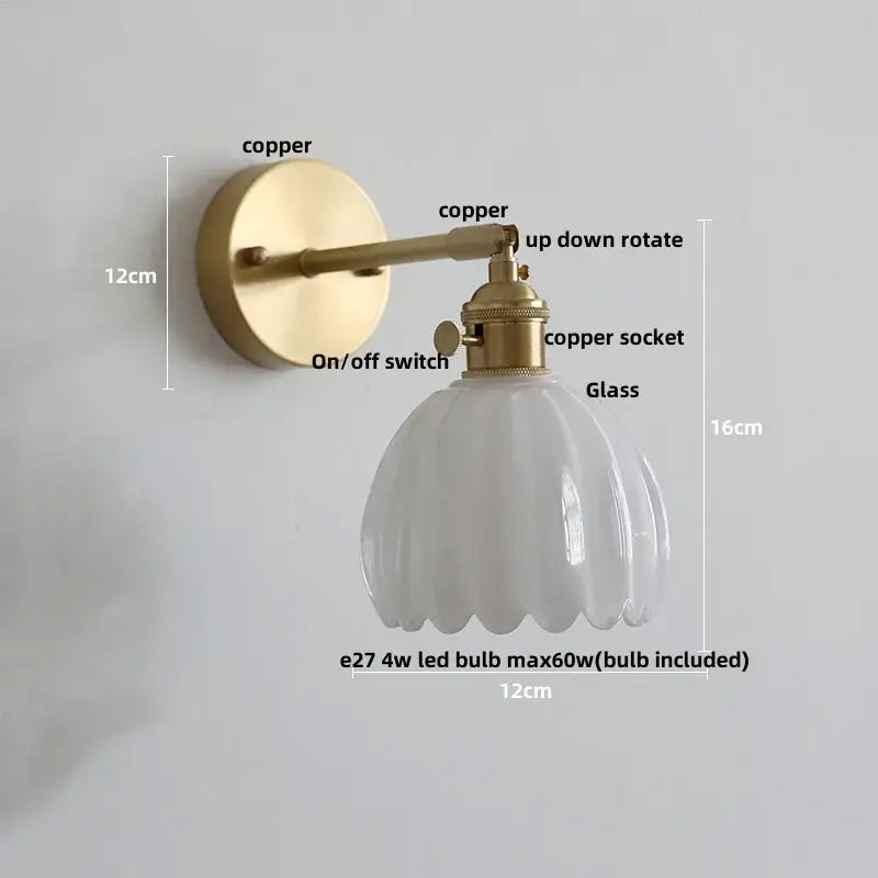Vintage brass and ribbed amber glass wall light bedroom pull chain